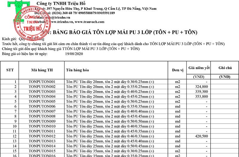 báo giá trần tôn 3 lớp