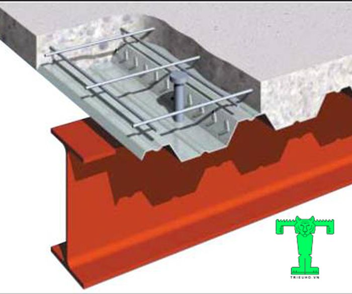 Cấu tạo của sàn deck gồm tôn sàn mạ kẽm, đinh chống cắt , lưới thép hàn