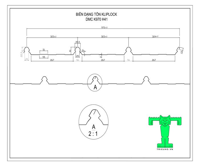 Tôn Kliplock có biên dạng tôn khổ 970mm, sóng cao 41mm