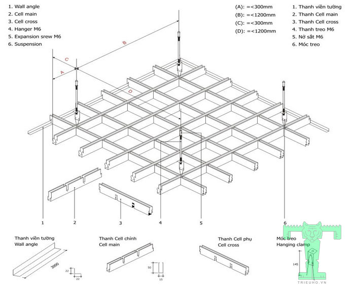 Trần nhôm Cell 100x100x50x15mm dày 0.5mm có quy cách lắp đặt khá đơn giản