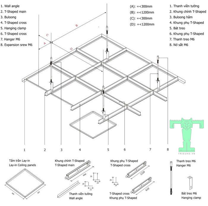 Trần nhôm LAY IN T Shaped này có quy cách lắp đặt hệ khung, đơn giản, tiện lợi