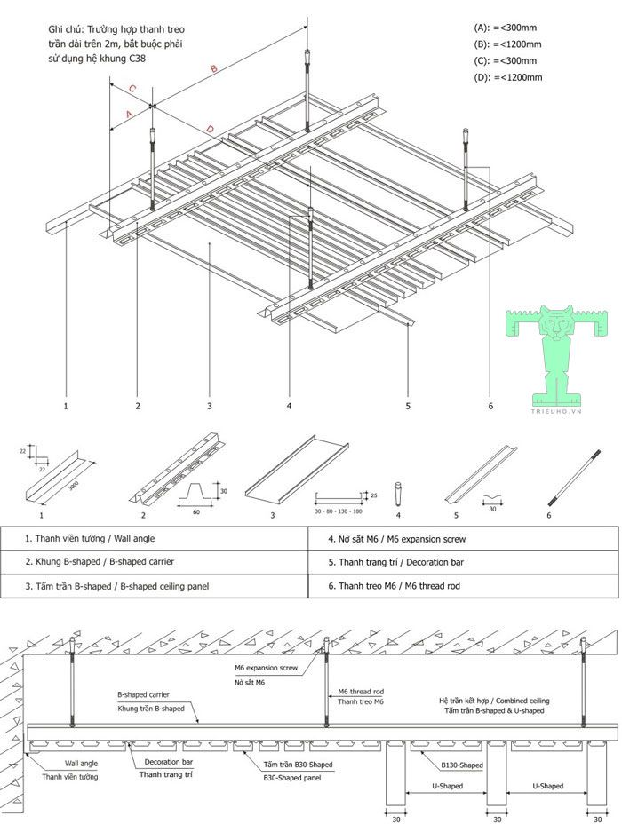 Trần nhôm Multi B Shaped có quy cách lắp đặt đơn giản, dễ hiểu, thi công nhanh