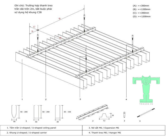 Trần nhôm UShaped 100x30x15mm dày 0.5mm có quy cách lắp đặt đơn giản, nhanh chóng