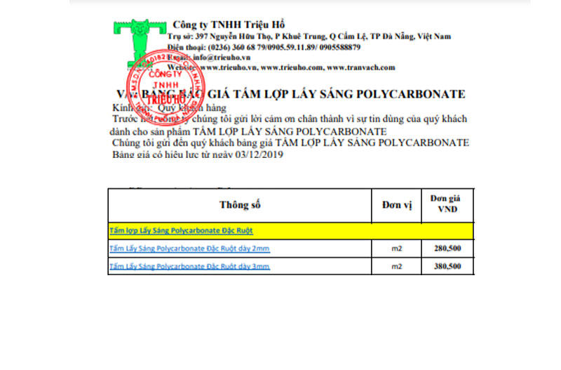 báo giá tấm lợp poly đặc ruột