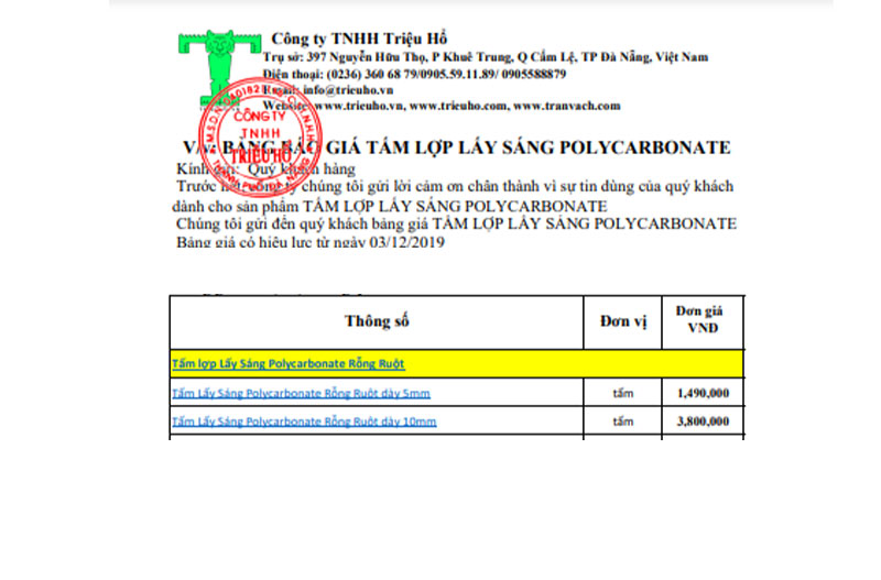 Báo giá tấm lợp Poly rỗng ruột