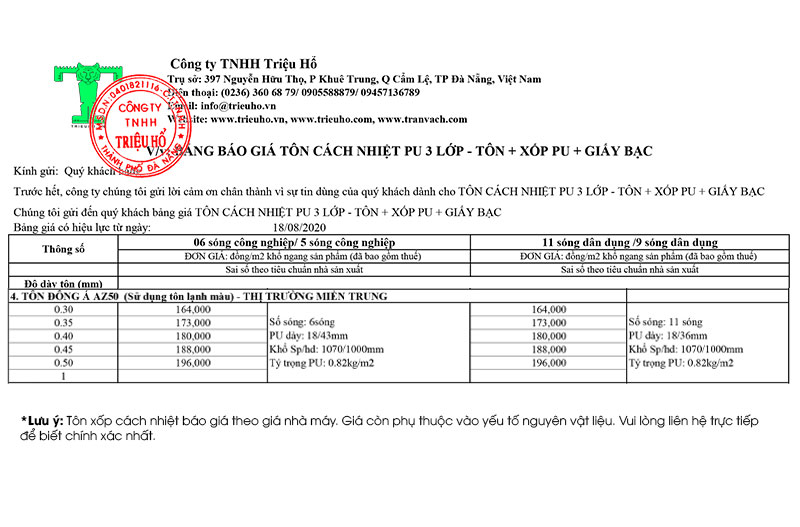 Bảng giá Tôn cách nhiệt PU Đông Á