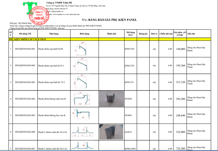 Báo giá chi tiết phụ kiện nhôm panel