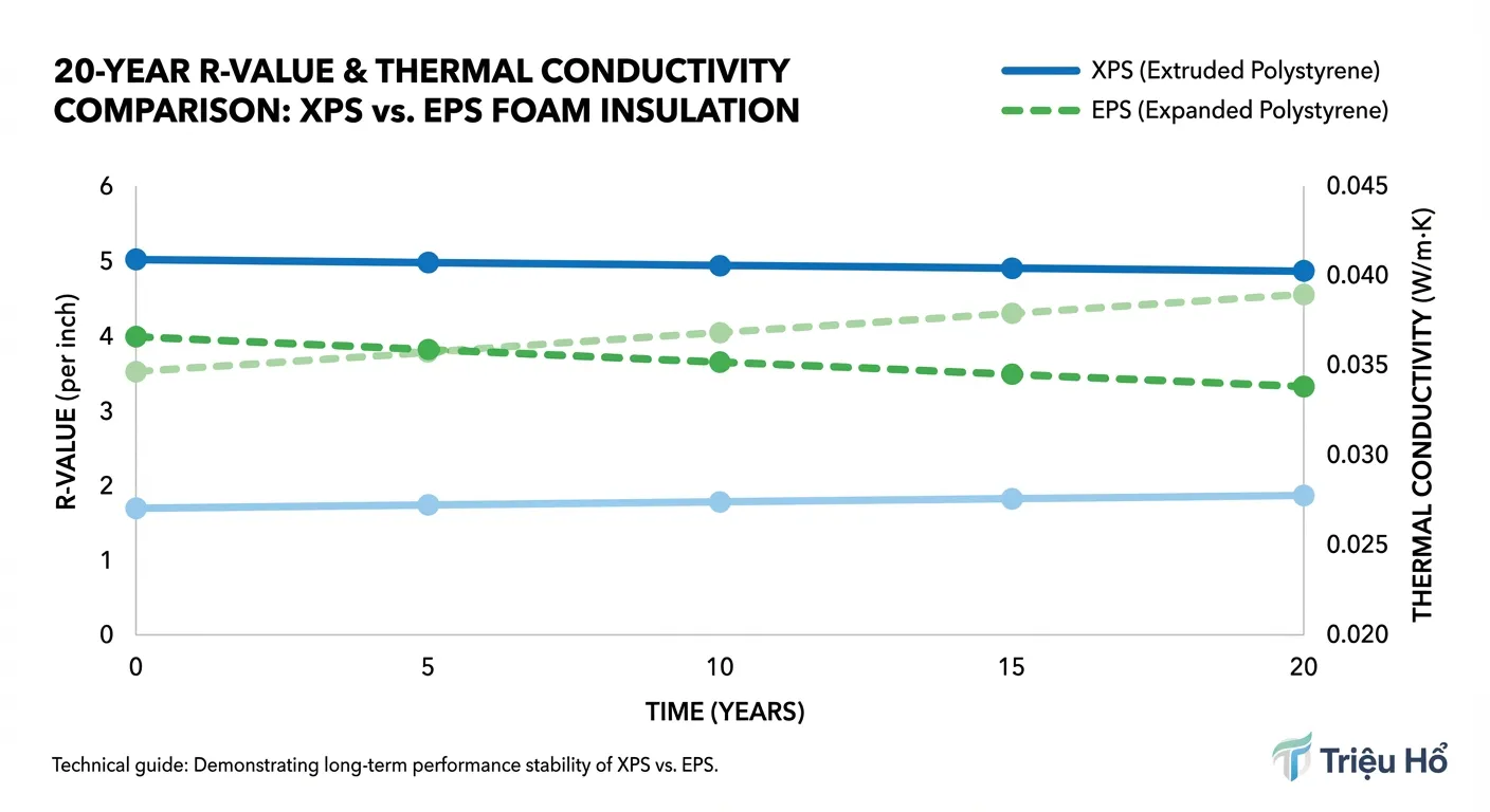 Biểu đồ so sánh chỉ số R-value và độ dẫn nhiệt của xốp XPS và EPS từ Triệu Hổ